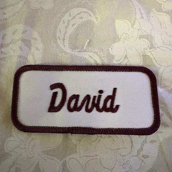David Name Tag Patch Embroidered White & Brown Iron On - Picture 1 of 3